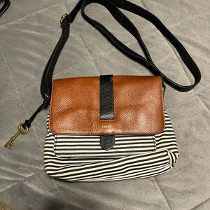 Fossil Brown and Black Crossbody Bag with Leather Flap